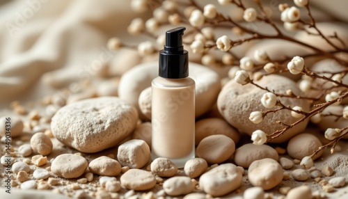 Obraz na płótnie Elegant natural cosmetic foundation display among smooth stones tranquil setting product photography natural aesthetics w salonie