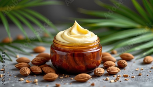 Obraz na płótnie Natural cosmetic body butter photo with almonds tropical setting beauty product refreshing environment close-up view w salonie