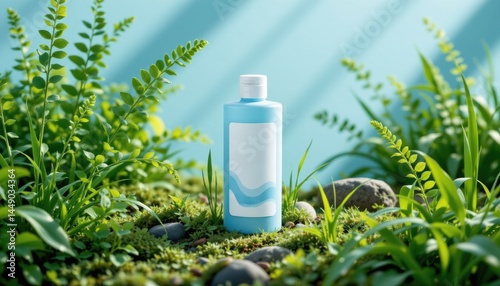 Nature-inspired minimalist toner bottle lush greenery product photography serene environment close-up view