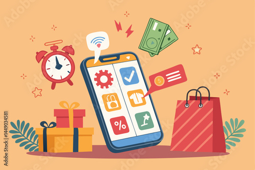 Design a vibrant vector graphic for a flash sale event, incorporating a prominent countdown timer.  The design should be eye-catching and promote urgency.