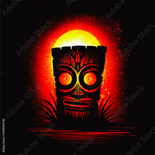 Vibrant Tiki Mask Illustration with Glowing Sunset Background and Tribal Design for Hawaiian or Polynesian Decor