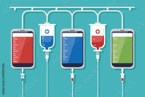 Create a vibrant cartoon vector illustration depicting numerous smartphones plugged into an IV bag, symbolizing digital addiction or information overload.