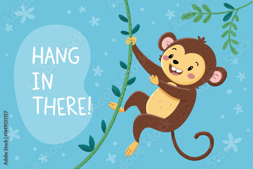 A joyful monkey playfully swings from lush green vines in a vibrant jungle, showcasing its agile movements and cheerful disposition.