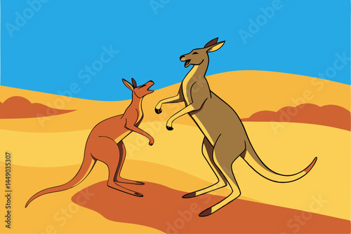 Two Male Kangaroos blue background Fighting in the Desert