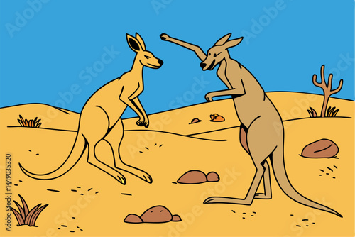 Two Male Kangaroos blue background Fighting in the Desert
