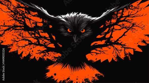 Fierce Black Owl with Fiery Orange Eyes and Abstract Wings, Grunge Halloween Forest Art, Dark Night Fantasy Illustration