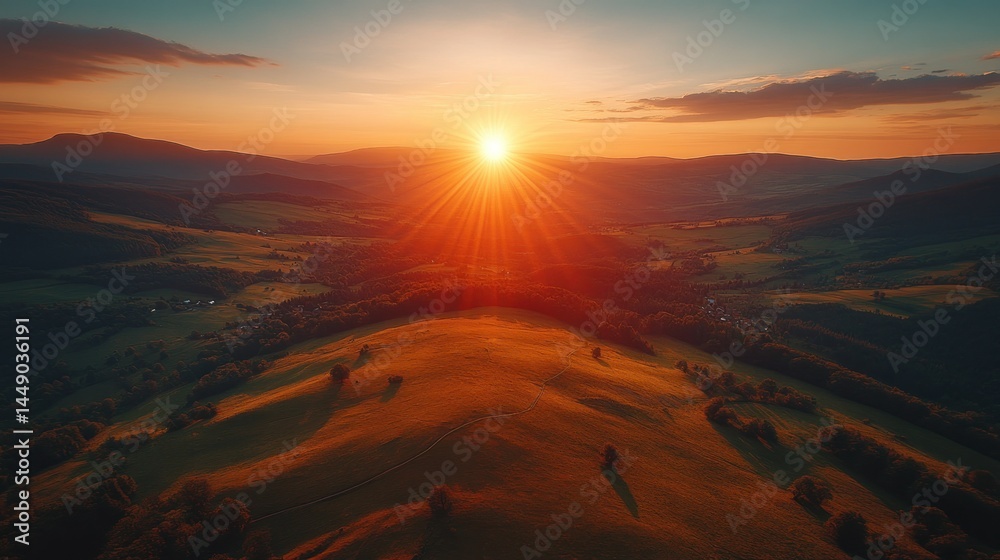 Fototapeta premium Sunset Aerial View Hilltop Landscape