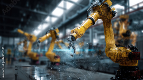 Industrial robots in a factory setting.  Automated arms perform precise tasks in a production line