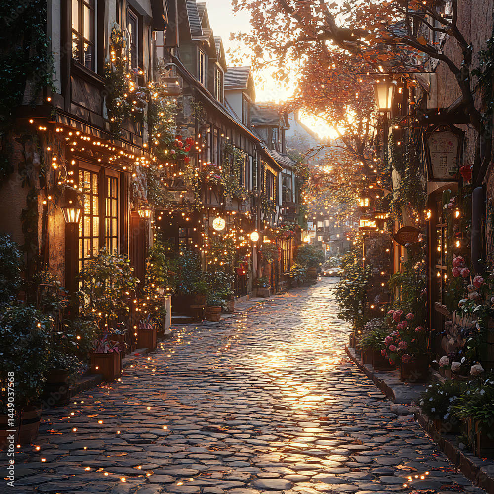 Fototapeta premium A highly detailed, photorealistic view of a charming European old town street, paved with cobblestones and surrounded by historic buildings with intricate facades