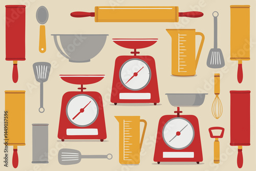 A minimalist, flat-lay illustration depicting various baking tools—rolling pin, whisk, spatula—submerged in a stylized, turquoise sea.  Seafoam subtly surrounds the utensils.