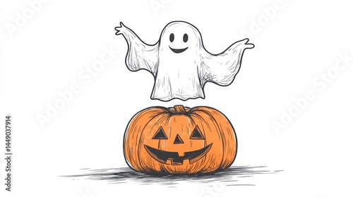 Obraz na płótnie Cartoon ghost on Halloween pumpkin