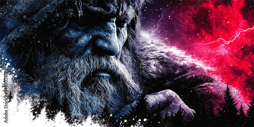 Epic Norse God Portrait, Mystical Bearded Elder in Blue and Pink Cosmic Winter Forest, Fantasy Art Illustration