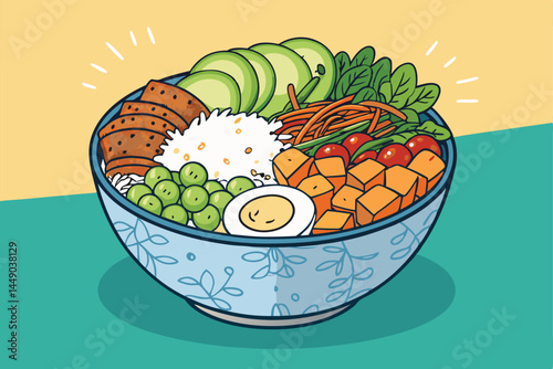 Create a vibrant, contemporary vector illustration of a colorful Buddha bowl featuring diverse ingredients.  Showcase healthy, visually appealing food arrangement.