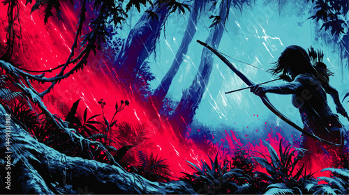Epic Female Archer in Vibrant Neon Jungle Rainforest – Action-Packed Adventure Illustration with Blue and Red Lighting