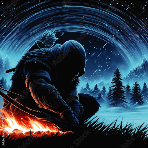 Mysterious Hooded Archer by Campfire in Snowy Forest, Surreal Night Sky and Mountains, Blue and Orange Digital Art