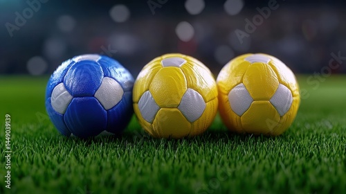 Colorful Soccer Balls on Green Grass Under Stadium Lights