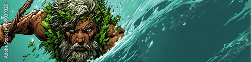 Epic Poseidon Illustration – Powerful Ancient Sea God with Trident and Flowing Water, Mythological Fantasy Art Banner