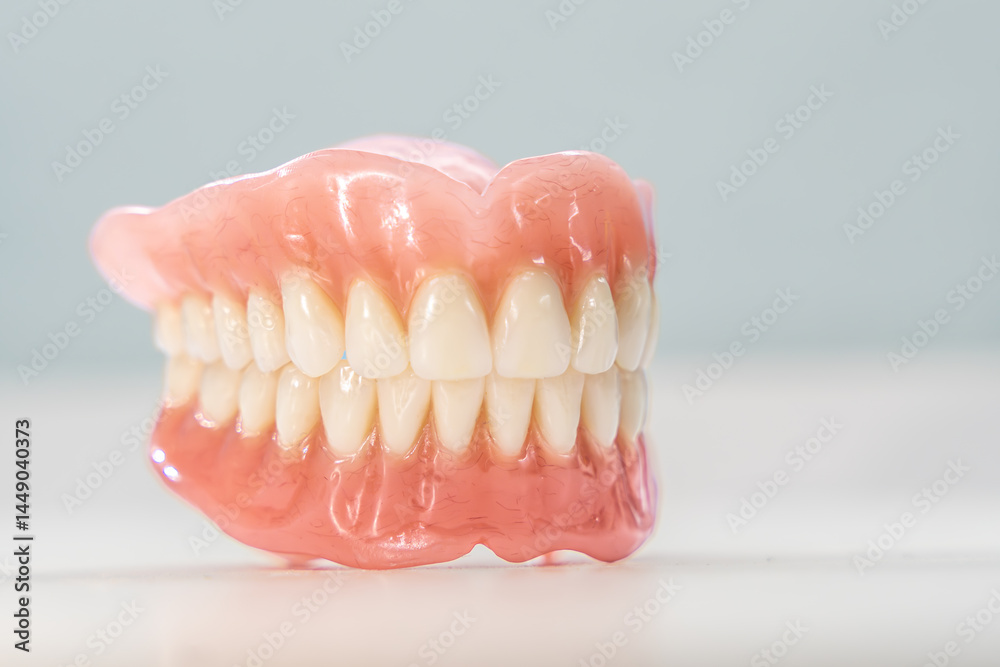 Close-up of a dental prosthetic model with artificial teeth and gums on a wooden surface. Ideal for dental care imagery Close-up of a dental prosthetic model with artificial teeth and gums on a wooden surface. Ideal for dental care imagery
