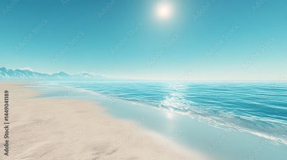 Fototapeta premium Minimalist view of a serene beach with soft sand and a calm sea at midday