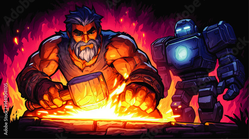 Powerful fantasy blacksmith forging weapon with glowing hammer, futuristic robot companion, vibrant flames, digital art illustration