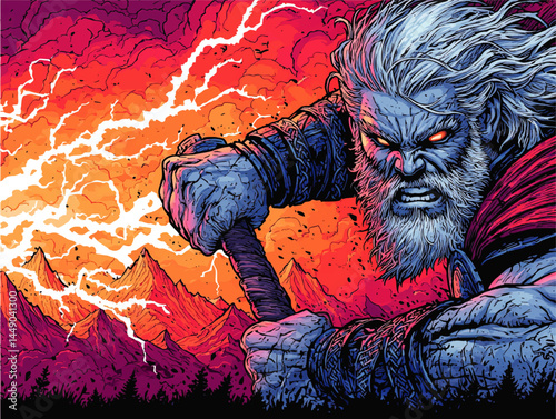 Powerful Norse God Wielding Hammer with Lightning Over Mountains at Sunset – Epic Fantasy Illustration in Vibrant Comic Style