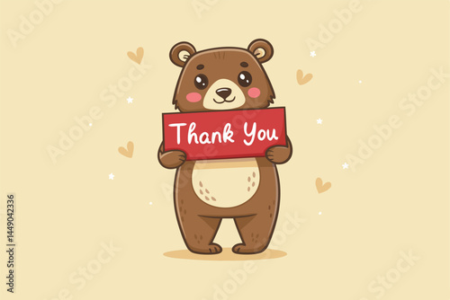 Create a vector illustration of an adorable cartoon bear holding a "Thank You" sign.  The style should be cute and friendly.