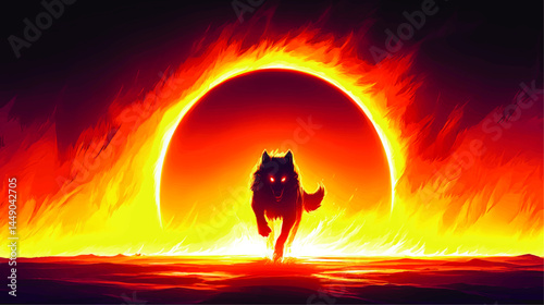 Fiery Wolf Silhouette Running with Glowing Eyes in Front of Blazing Sun and Flames — Epic Fantasy Digital Art Illustration