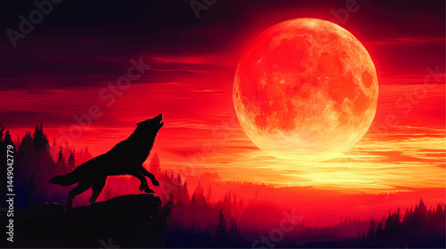 Majestic Wolf Howling at Fiery Red Full Moon Over Forest Silhouette, Dramatic Sunset Sky, Vibrant Digital Art Illustration