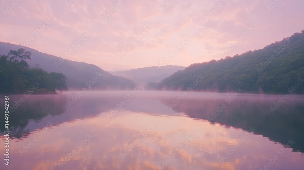Obraz premium Peaceful misty mountain lake reflecting pink sunrise clouds in a tranquil morning setting