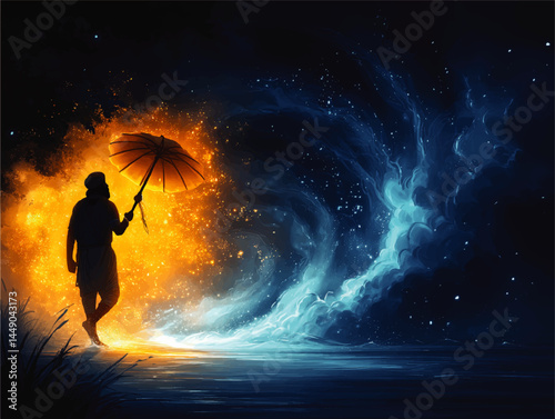 Surreal Silhouette with Umbrella Facing Fiery and Cool Cosmic Portal – Fantasy Night Landscape Digital Art Illustration