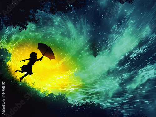 Surreal Night Adventure – Silhouette Child Flying with Umbrella in Dreamy Starry Landscape, Vivid Swirl of Blue and Yellow Light