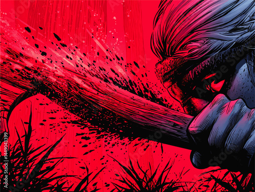 Dramatic Samurai Warrior with Katana in Red Comic Book Style, Intense Action Scene, Dynamic Ink Art Background