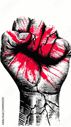 Powerful Raised Fist Illustration with Red Paint Splatter – Symbol of Protest, Revolution, Resistance, Unity, and Strength