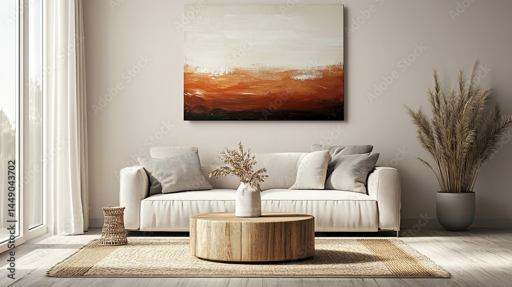 Modern abstract artwork displayed in a neutral living room setting. Modern abstract artwork displayed in a neutral living room setting.