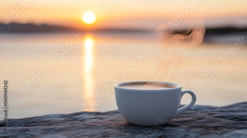 Fototapeta Naklejka Na Ścianę i Meble -  Coffee mug at dawn beside a lake with warm sunlight and steam