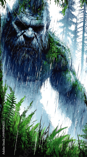 Mysterious Bigfoot Creature in Rainy Forest – Dramatic Digital Fantasy Art of Legendary Sasquatch Among Foliage and Trees