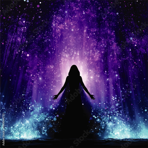 Silhouette Woman Standing in Magical Purple Forest with Glowing Lights and Mystical Night Sky, Fantasy Art Background