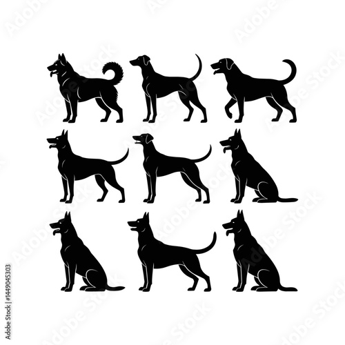 Silhouette group of American dog breeds - puppies, adult dogs - standing, running, hunting, play poses. Black pet animal minimalist icons isolated white background. Stylized, colorful dog silhouettes 