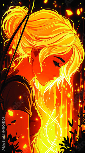 Vibrant Digital Art of Sad Blonde Girl with Bow in Fiery Forest, Warm Orange Flames, Fantasy Illustration, Emotional Portrait