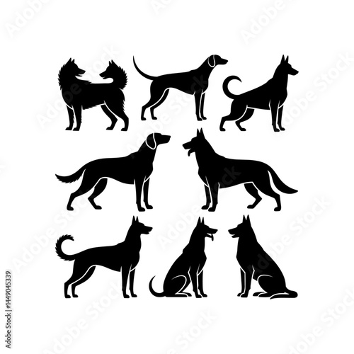 Silhouette group of American dog breeds - puppies, adult dogs - standing, running, hunting, play poses. Black pet animal minimalist icons isolated white background. Stylized, colorful dog silhouettes 