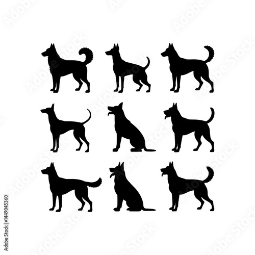 Silhouette group of American dog breeds - puppies, adult dogs - standing, running, hunting, play poses. Black pet animal minimalist icons isolated white background. Stylized, colorful dog silhouettes 