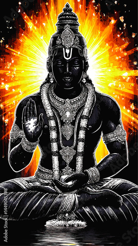 Divine Black Stone Lord Venkateswara Illustration – Radiant Hindu Deity, Spiritual Art, Vibrant Orange Aura, Meditation, Enlightenment