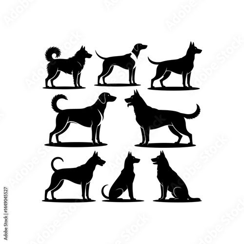 Silhouette group of American dog breeds - puppies, adult dogs - standing, running, hunting, play poses. Black pet animal minimalist icons isolated white background. Stylized, colorful dog silhouettes 