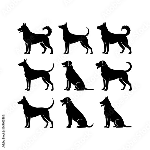 Silhouette group of American dog breeds - puppies, adult dogs - standing, running, hunting, play poses. Black pet animal minimalist icons isolated white background. Stylized, colorful dog silhouettes 