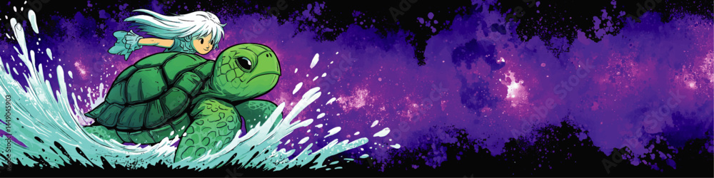 Obraz premium Fantasy Anime Style Girl Riding Sea Turtle on Splashing Waves, Vibrant Purple Watercolor Galaxy Background, Whimsical Adventure Illustration