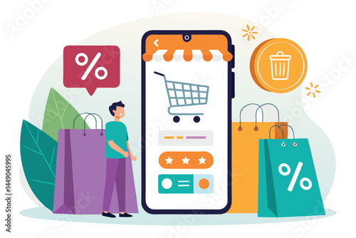 Clean, minimalist e-commerce mobile app UI concept featuring product browsing, shopping cart, and secure checkout. Vector illustration.