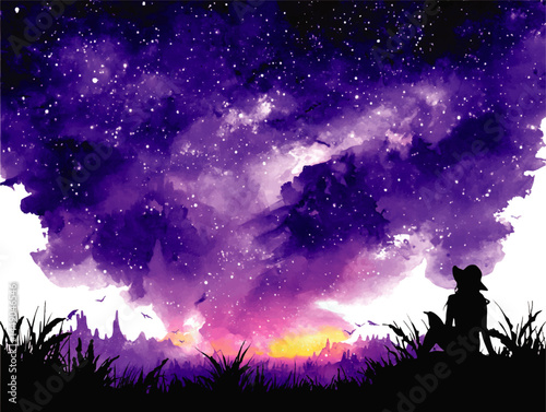 Dreamy Silhouette of Girl Watching Purple Starry Night Sky, Watercolor Sunset Landscape with Grass and Mountains, Fantasy Nature Art