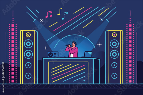 Design a vibrant EDM-style karaoke rave poster featuring glowing vector lines, incorporating neon colors and futuristic elements.  Target audience young adults.