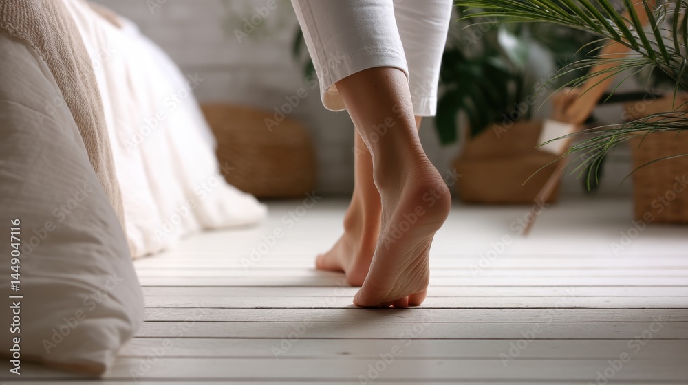 Barefoot steps on wooden floors in a cozy, serene indoor setting surrounded by plants and soft furnishings.