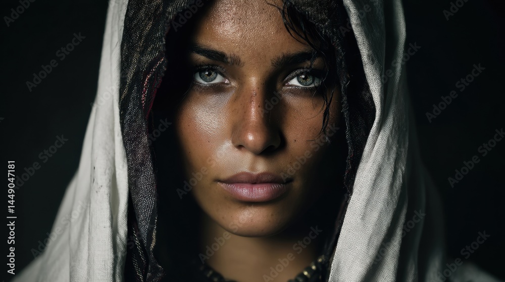 A woman with striking features gazes intensely, partially obscured by a translucent hood, conveying a sense of mystery and depth.